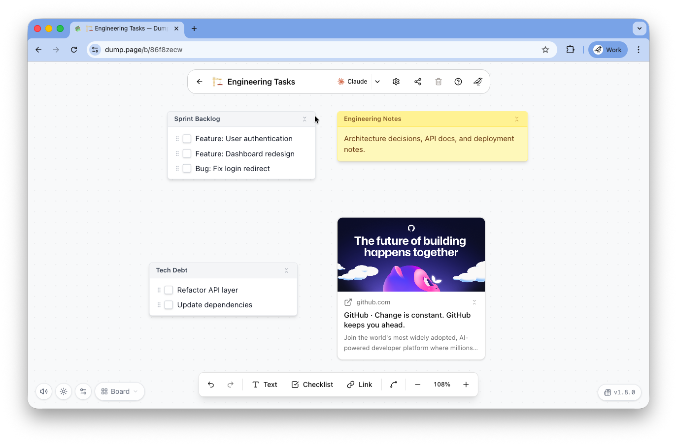 Dump board showing project links, notes, and tasks ready to share with ChatGPT, Claude, and teammates